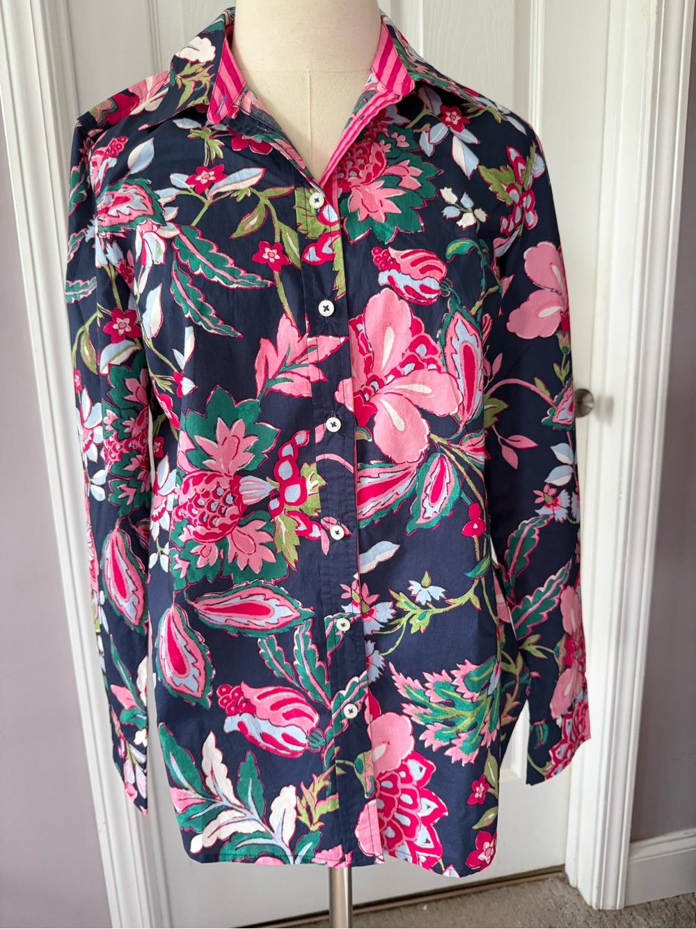 Talbots Pink and Navy Floral Button-Up Top